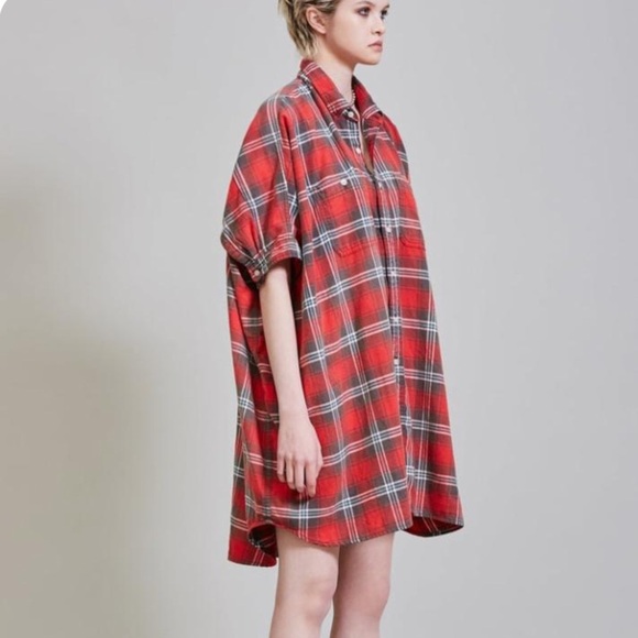 New R13 Plaid Oversize Cotton Flannel Shirtdress in Red Plaid Size XS - Picture 4 of 8
